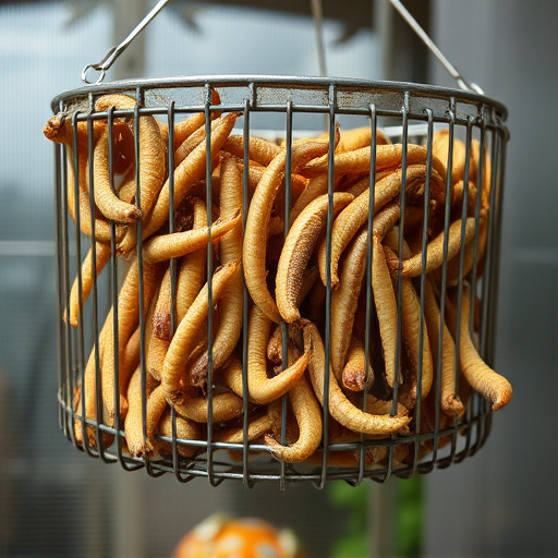 Hanging cage with live mealworms