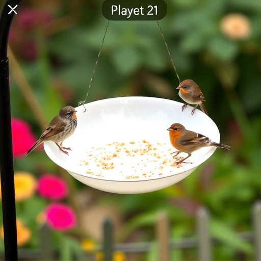 Hanging dish feeder attracting garden wrens