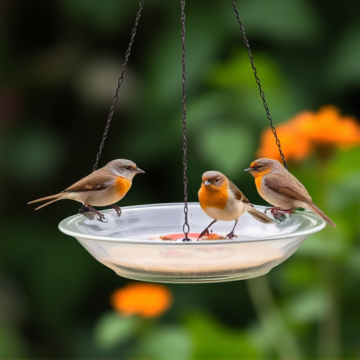 Hanging dish feeder attracting garden wrens