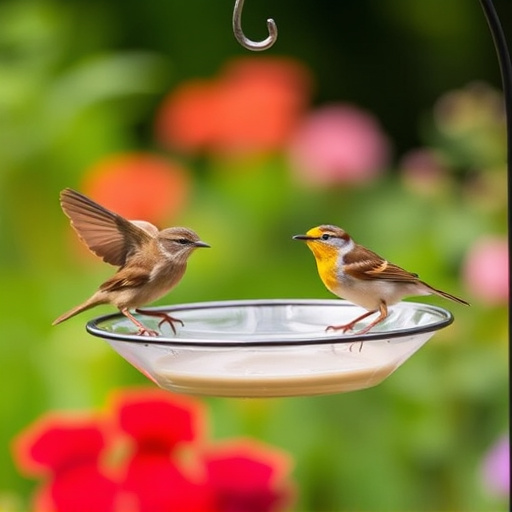 Hanging dish feeder attracting garden wrens