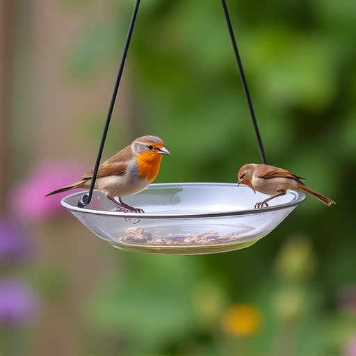 Hanging dish feeder attracting garden wrens