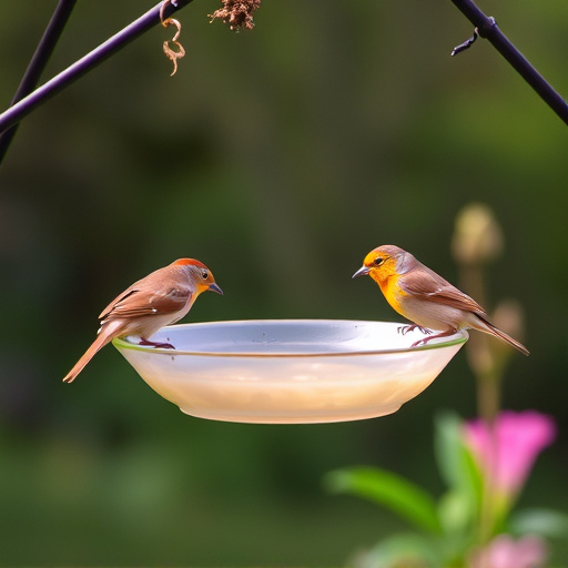 Hanging dish feeder attracting garden wrens