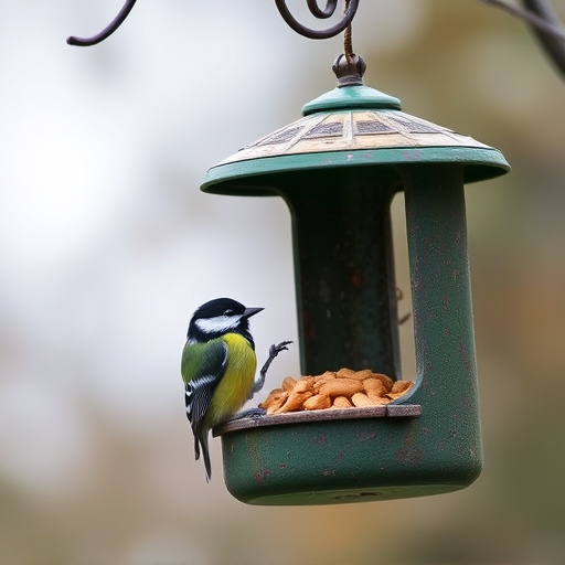 Hanging peanut feeder visited by great tit