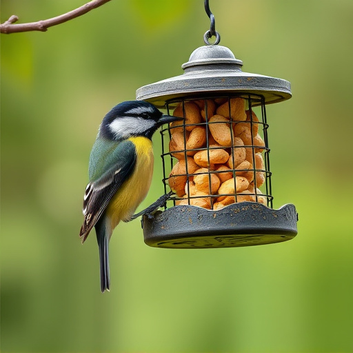 Hanging peanut feeder visited by great tit