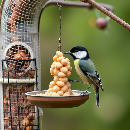 Hanging peanut feeder visited by great tit