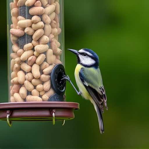 Hanging peanut feeder visited by great tit