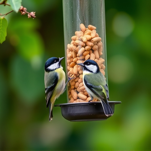 Hanging peanut feeder visited by great tit