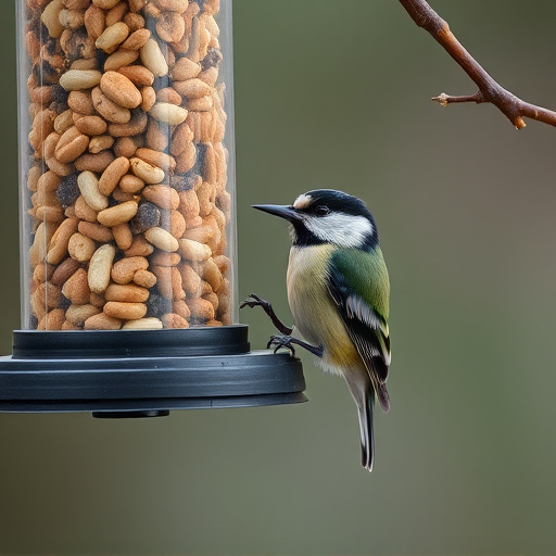 Hanging peanut feeder visited by great tit