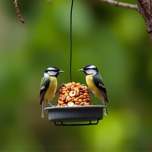 Hanging peanut feeder visited by great tit