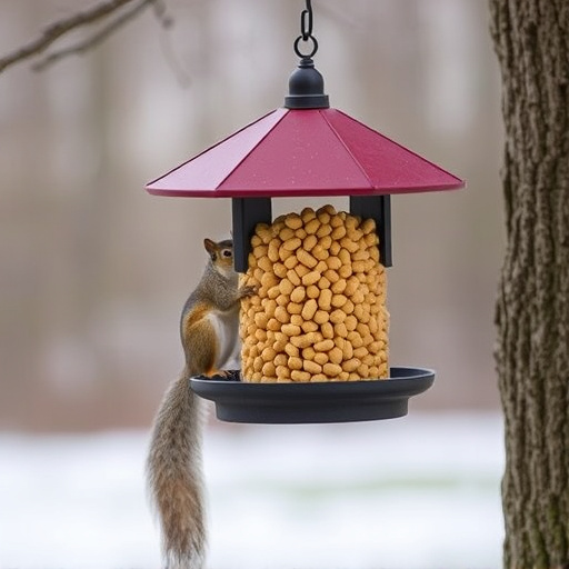 Hanging squirrel-proof peanut feeder outdoors
