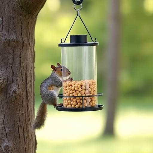 Hanging squirrel-proof peanut feeder outdoors