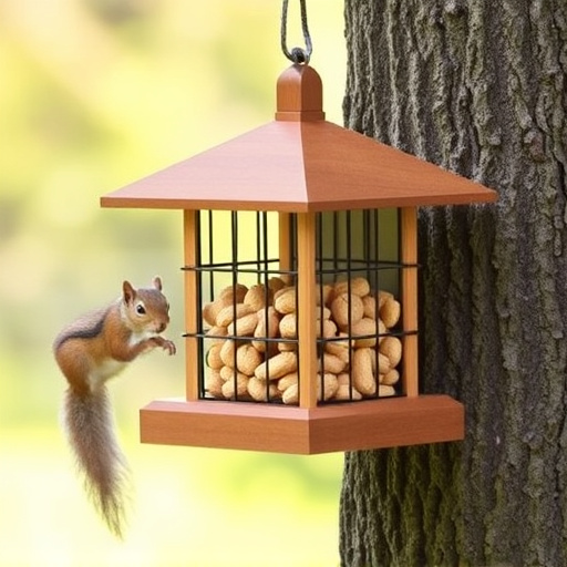Hanging squirrel-proof peanut feeder outdoors