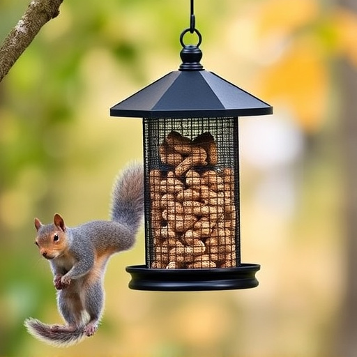 Hanging squirrel-proof peanut feeder outdoors