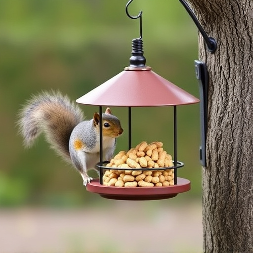 Hanging squirrel-proof peanut feeder outdoors