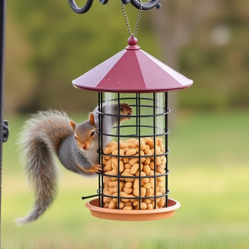 Hanging squirrel-proof peanut feeder outdoors