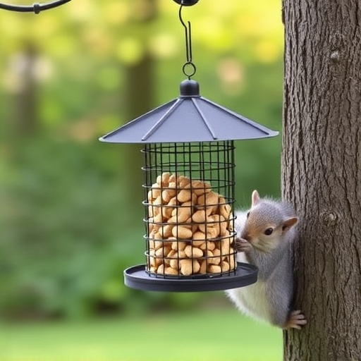 Hanging squirrel-proof peanut feeder outdoors