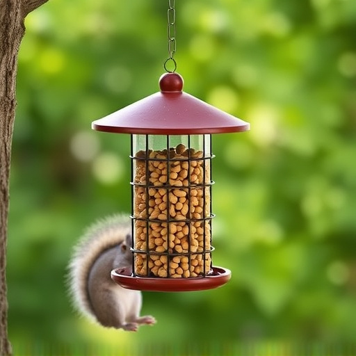 Hanging squirrel-proof peanut feeder outdoors
