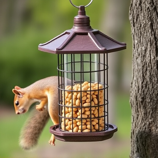 Hanging squirrel-proof peanut feeder outdoors