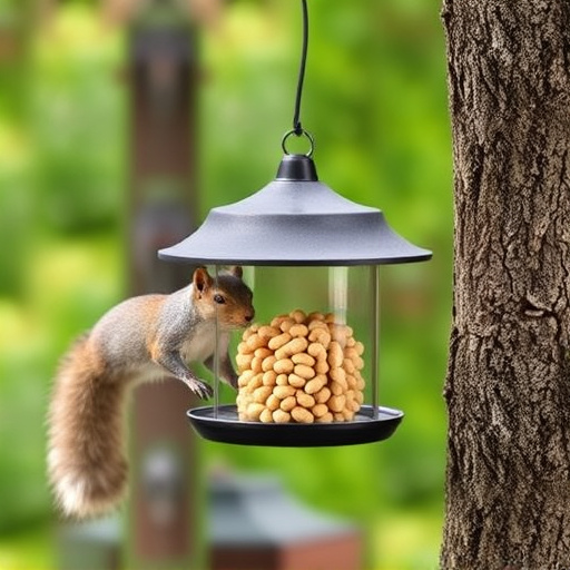 Hanging squirrel-proof peanut feeder outdoors