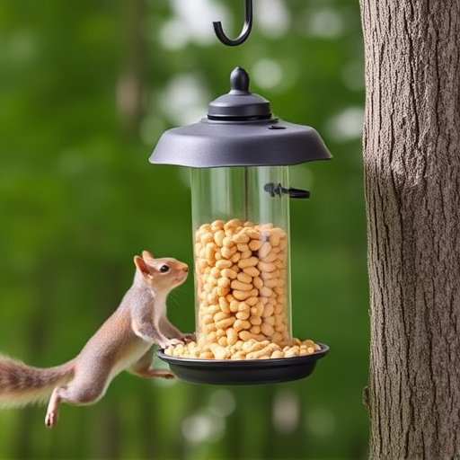 Hanging squirrel-proof peanut feeder outdoors