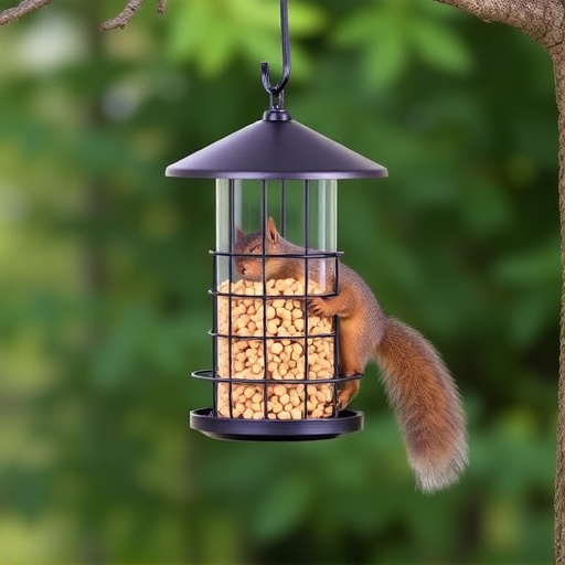 Hanging squirrel-proof peanut feeder outdoors