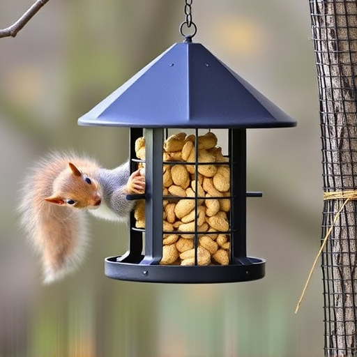 Hanging squirrel-proof peanut feeder outdoors