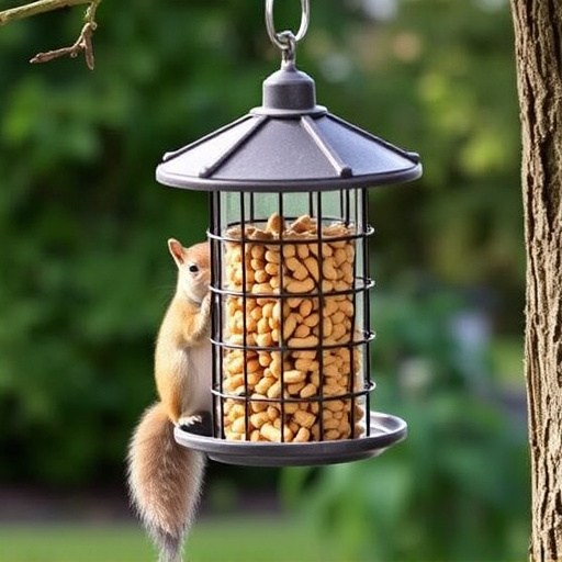 Hanging squirrel-proof peanut feeder outdoors
