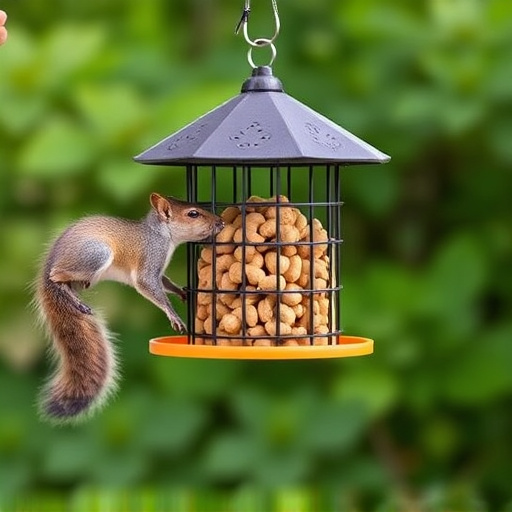 Hanging squirrel-proof peanut feeder outdoors