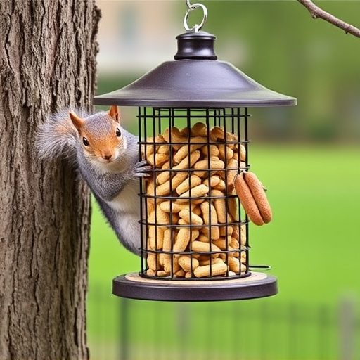 Hanging squirrel-proof peanut feeder outdoors