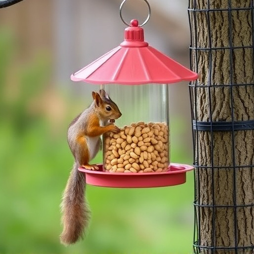 Hanging squirrel-proof peanut feeder outdoors