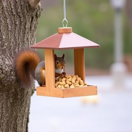 Hanging squirrel-proof peanut feeder outdoors