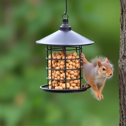 Hanging squirrel-proof peanut feeder outdoors