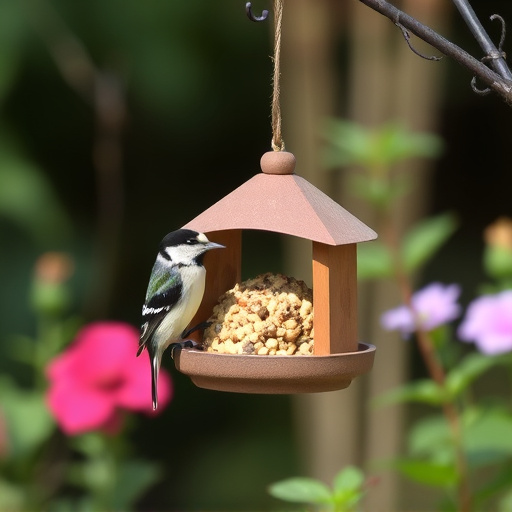 Hanging suet ball feeder in garden