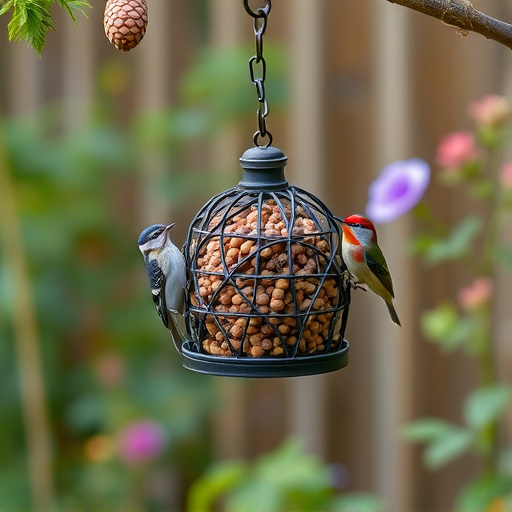 Hanging suet ball feeder in garden