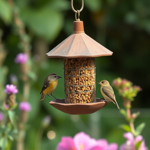 Hanging suet ball feeder in garden
