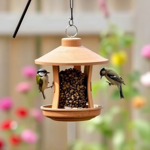 Hanging suet ball feeder in garden