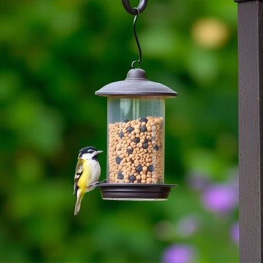 Hanging suet ball feeder in garden