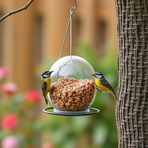Hanging suet ball feeder in garden