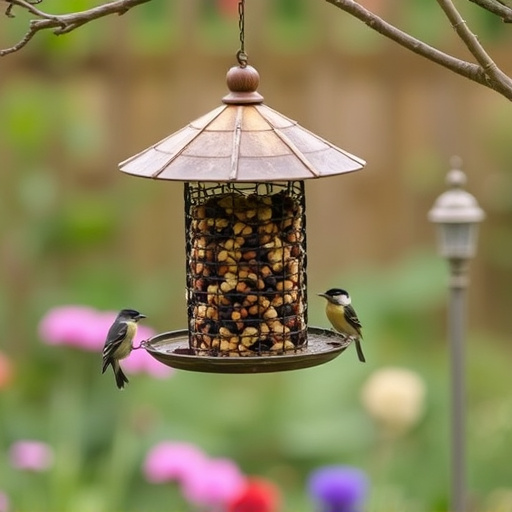 Hanging suet ball feeder in garden