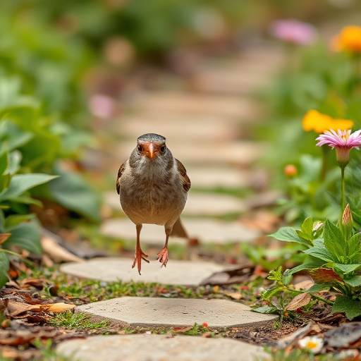 House sparrow hopping on garden path