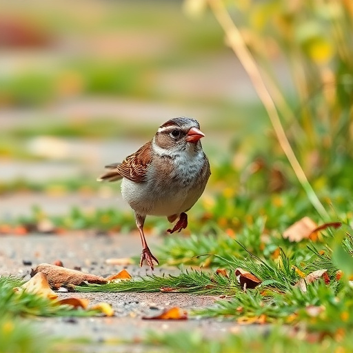 House sparrow hopping on garden path