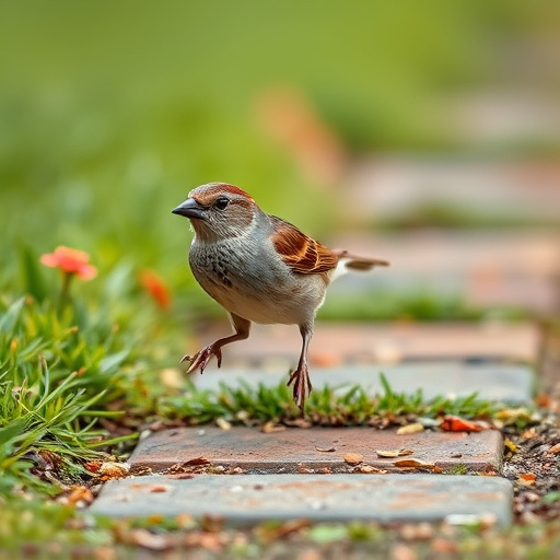 House sparrow hopping on garden path