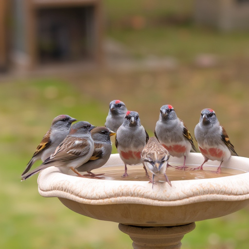 House sparrows gathered near bird bath