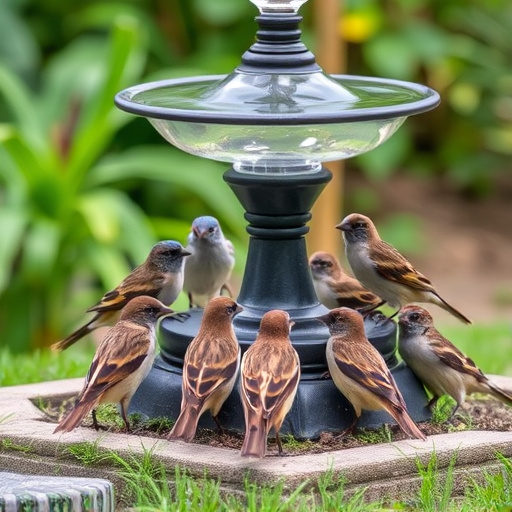 House sparrows gathered near bird bath