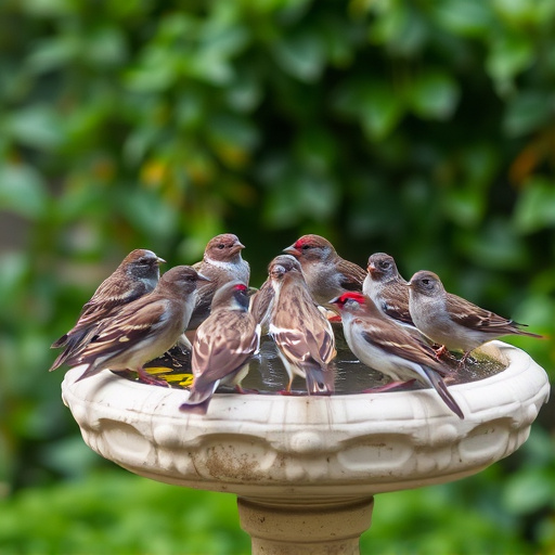 House sparrows gathered near bird bath