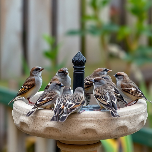 House sparrows gathered near bird bath