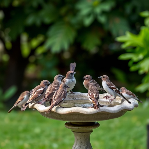 House sparrows gathered near bird bath