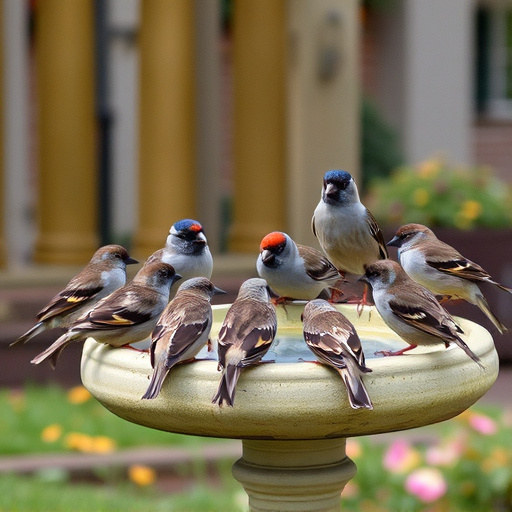 House sparrows gathered near bird bath