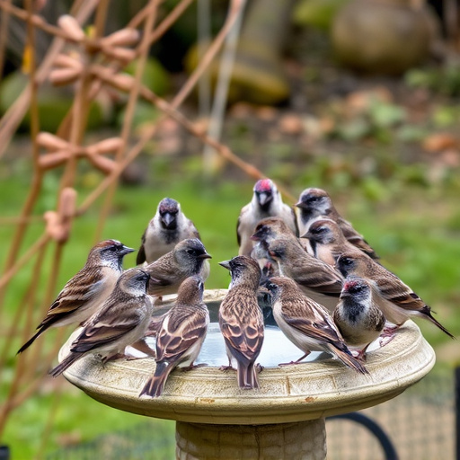 House sparrows gathered near bird bath