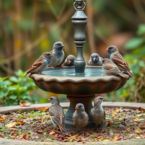 House sparrows gathered near bird bath